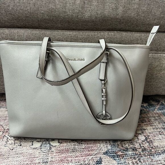 Michael Kors Jet Set Travel Saffiano Leather Top-Zip Tote Bag Gray - Picture 4 of 16